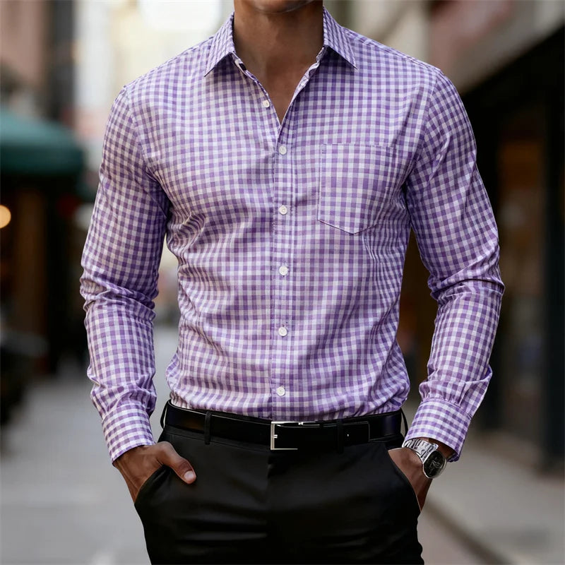 2025 Chemise à manches longues à carreaux fins bleu et blanc pour hommes d'affaires décontractée, coupe ajustée, chemise élégante pour hommes, disponible en 11 couleurs