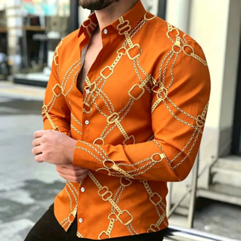 Chemise à manches longues pour homme avec imprimé chaîne dorée, style décontracté chic européen et américain pour jeunes, imprimé tendance pour homme, quotidien