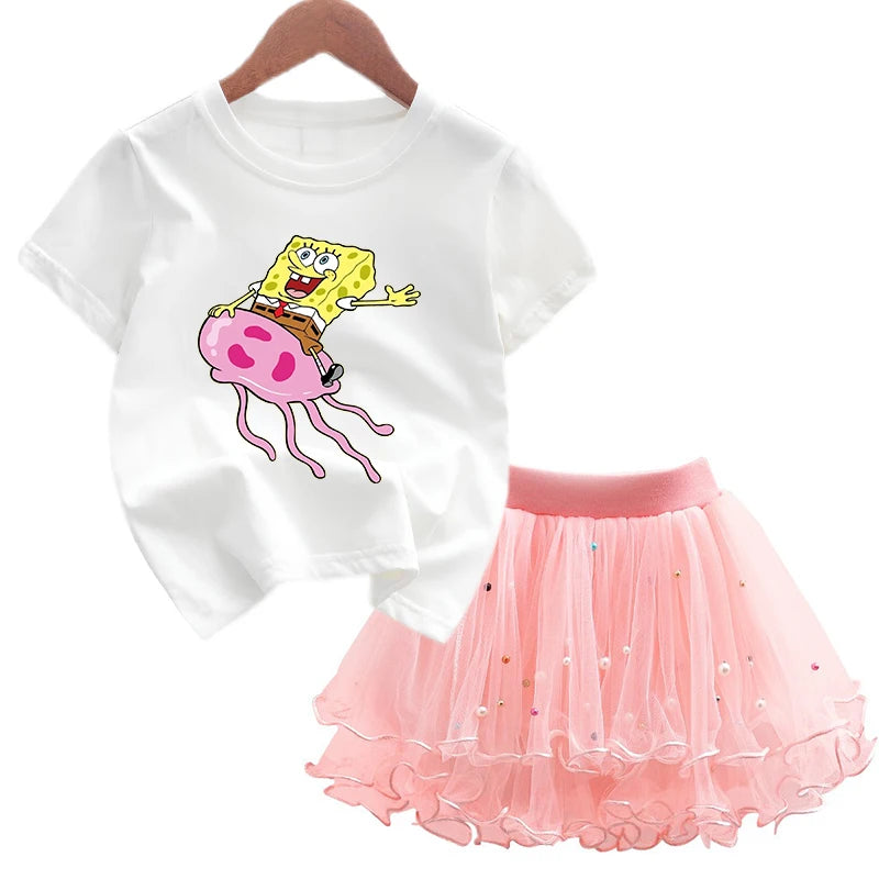 Robe Bob l'éponge pour filles, vêtements d'anniversaire pour enfants, robe de princesse de fête, T-shirt + jupe Tutu, cadeau de soirée d'été, 2 pièces/ensemble