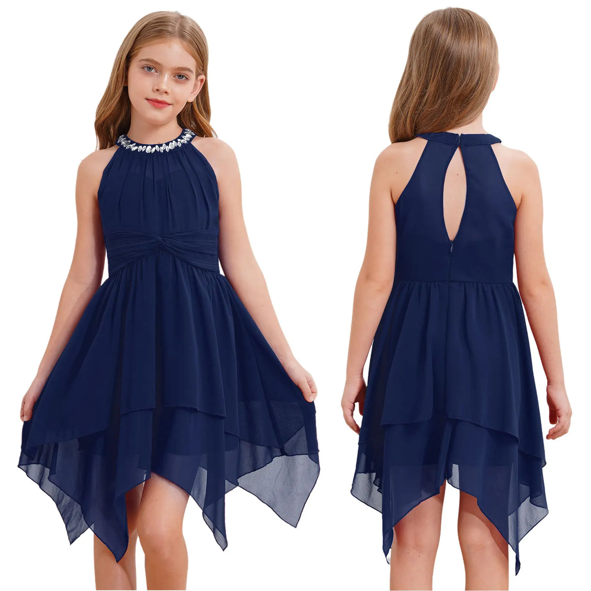 Robes d'été sans manches pour filles, col licou, en mousseline de soie, à volants, robe de soirée de mariage pour demoiselle d'honneur junior, robe irrégulière en Faux diamant