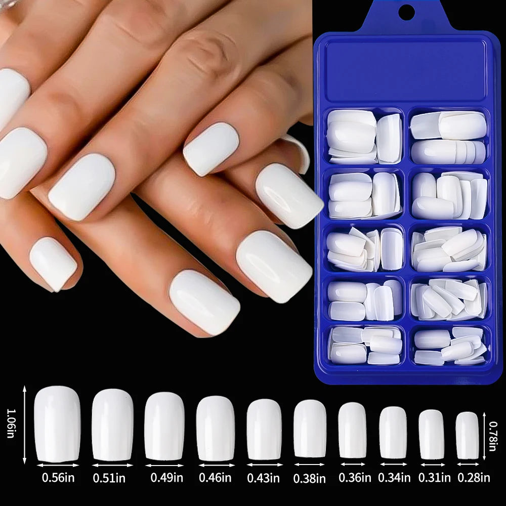100 pièces blanc moyen carré faux ongles couverture complète acrylique artificiel faux ongles conseils femmes décoration des ongles 10 tailles presse sur les ongles