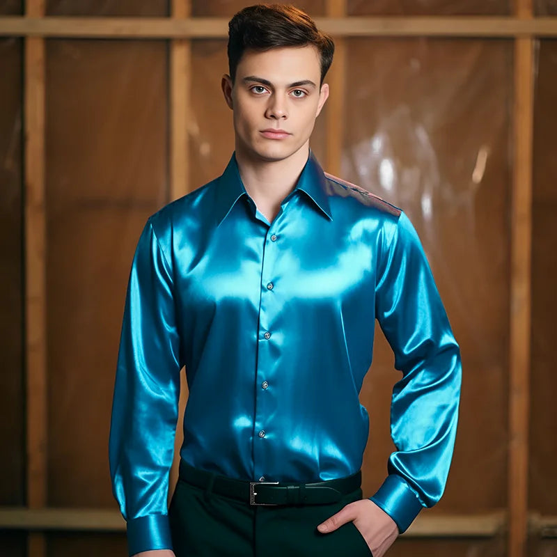 Hommes Satin luxe robe chemises mode soie lisse mâle smoking chemise solide fête de mariage bal chemise décontractée bureau d'affaires