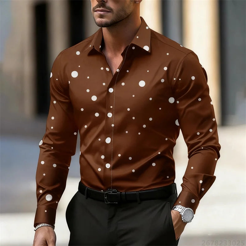 Nouvelle Chemise Décontractée à Manches Longues et Col à Revers à Pois pour Homme 2025 – Respirante, Confortable, Coupe Slim, Tendance, pour l'Extérieur – Tailles XS-6XL