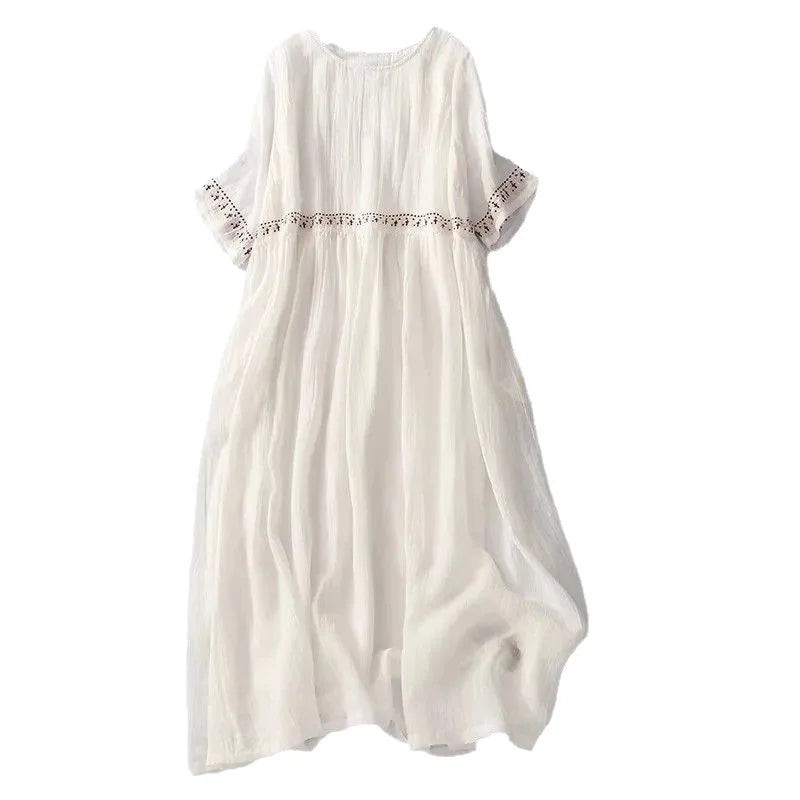 Robe d'été pour femme grande taille, brodée, coupe ample, style A-line évasé, décontractée, mi-longue, pour l'extérieur