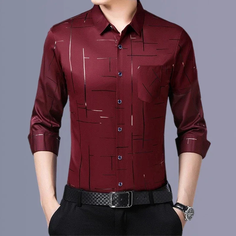 Chemise imprimée à manches longues pour hommes, haut d'affaires décontracté et à la mode, sans repassage et résistant aux rides