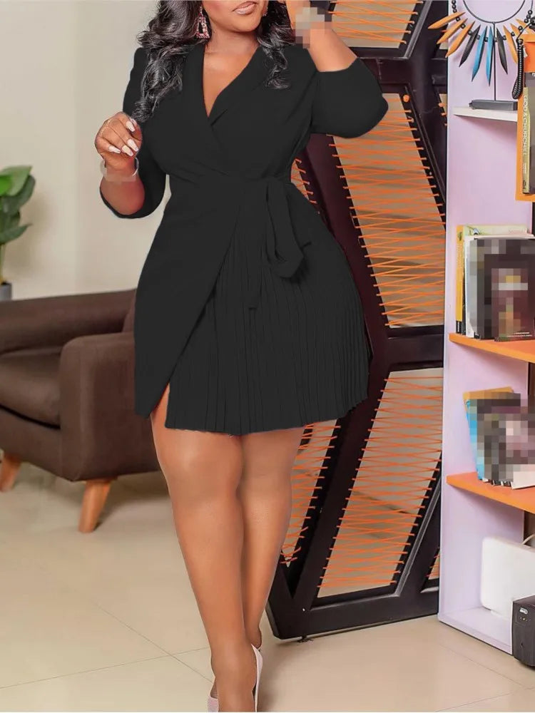 Robe plissée pour femmes, grande taille, col plissé, style blazer, bureau, vintage, sexy, ceinture, fête, serrée, courbée, courte