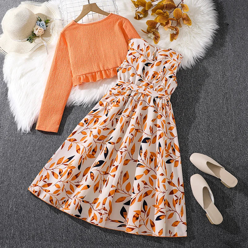 Costumes de vacances décontractés pour enfants, haut orange à manches longues, robe imprimée, vêtements de vacances pour filles, tenues pour enfants