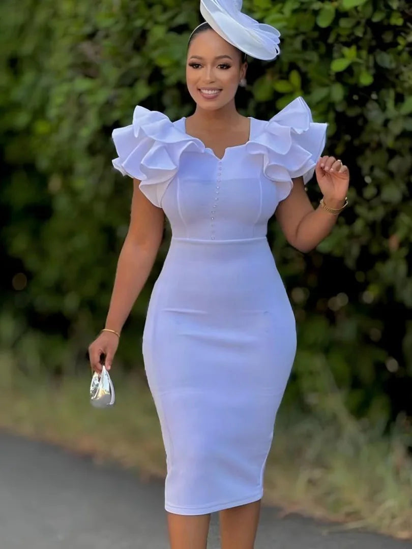 Robe de soirée élégante pour femmes, mode d'été, manches Lotus perlées, enveloppée sur les hanches, Style cascade