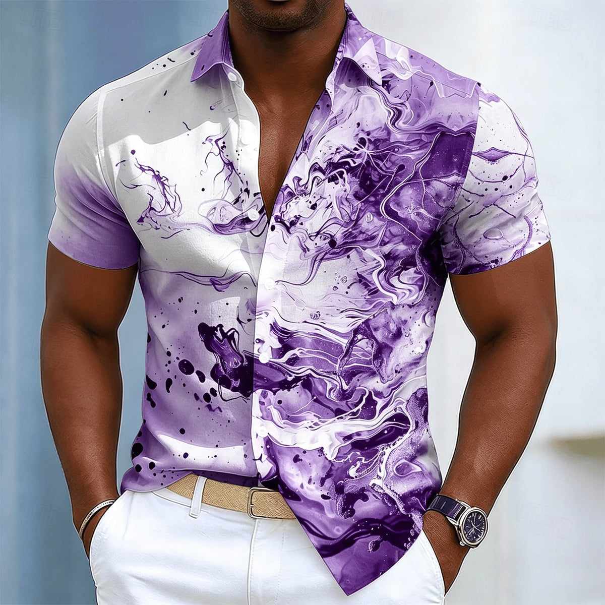 Chemise à manches courtes pour homme avec imprimé encre tourbillonnante, motif abstrait fluide décontracté à boutons pour le printemps et l'été