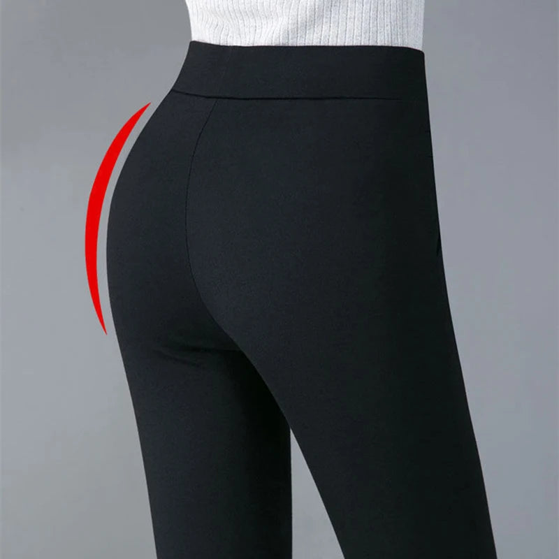 2025 automne hiver décontracté élégant bureau minceur couleur unie polaire épais mince femmes pantalon taille élastique serré crayon pantalon