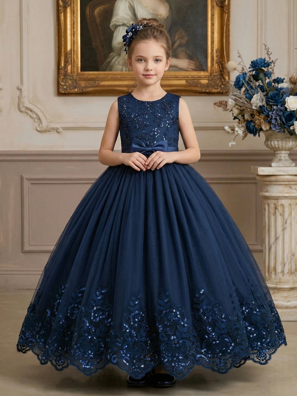 Robe de soirée élégante pour fille adolescente, bleu royal, dentelle brodée, sequins, sans manches, avec filet bouffant pour fête, banquet
