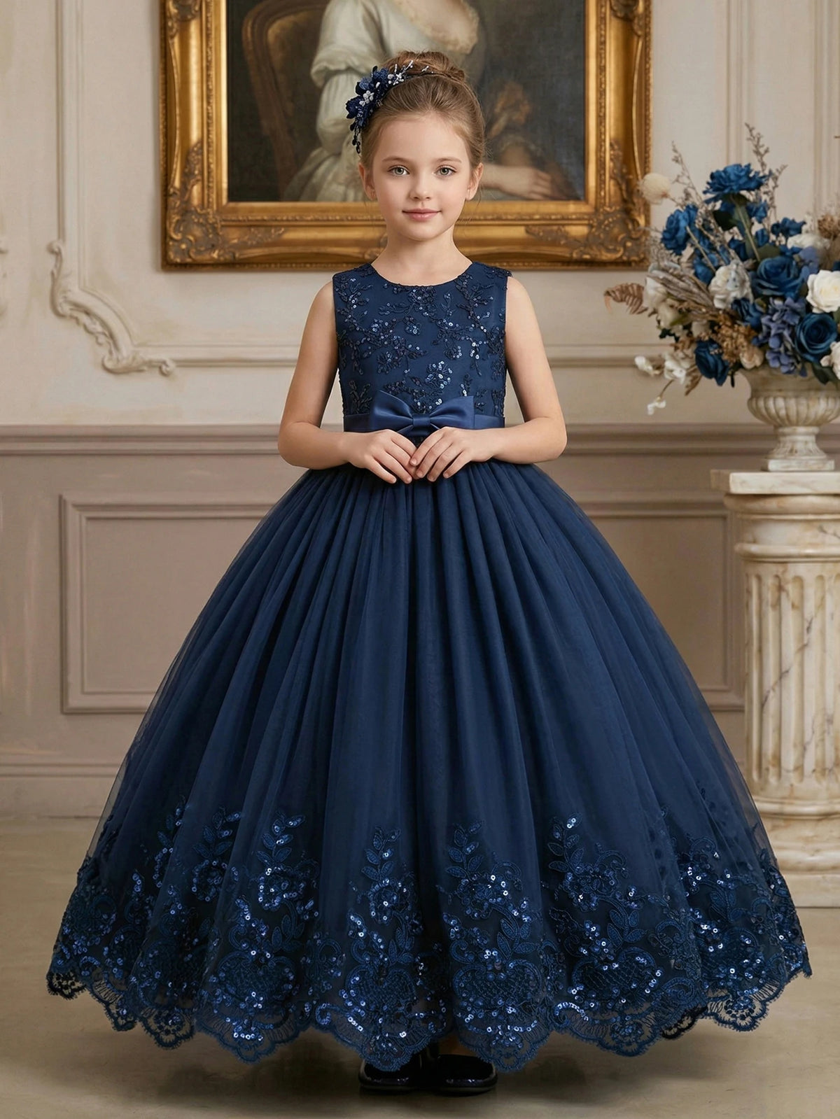 Robe de soirée élégante pour fille adolescente, bleu royal, dentelle brodée, sequins, sans manches, avec filet bouffant pour fête, banquet