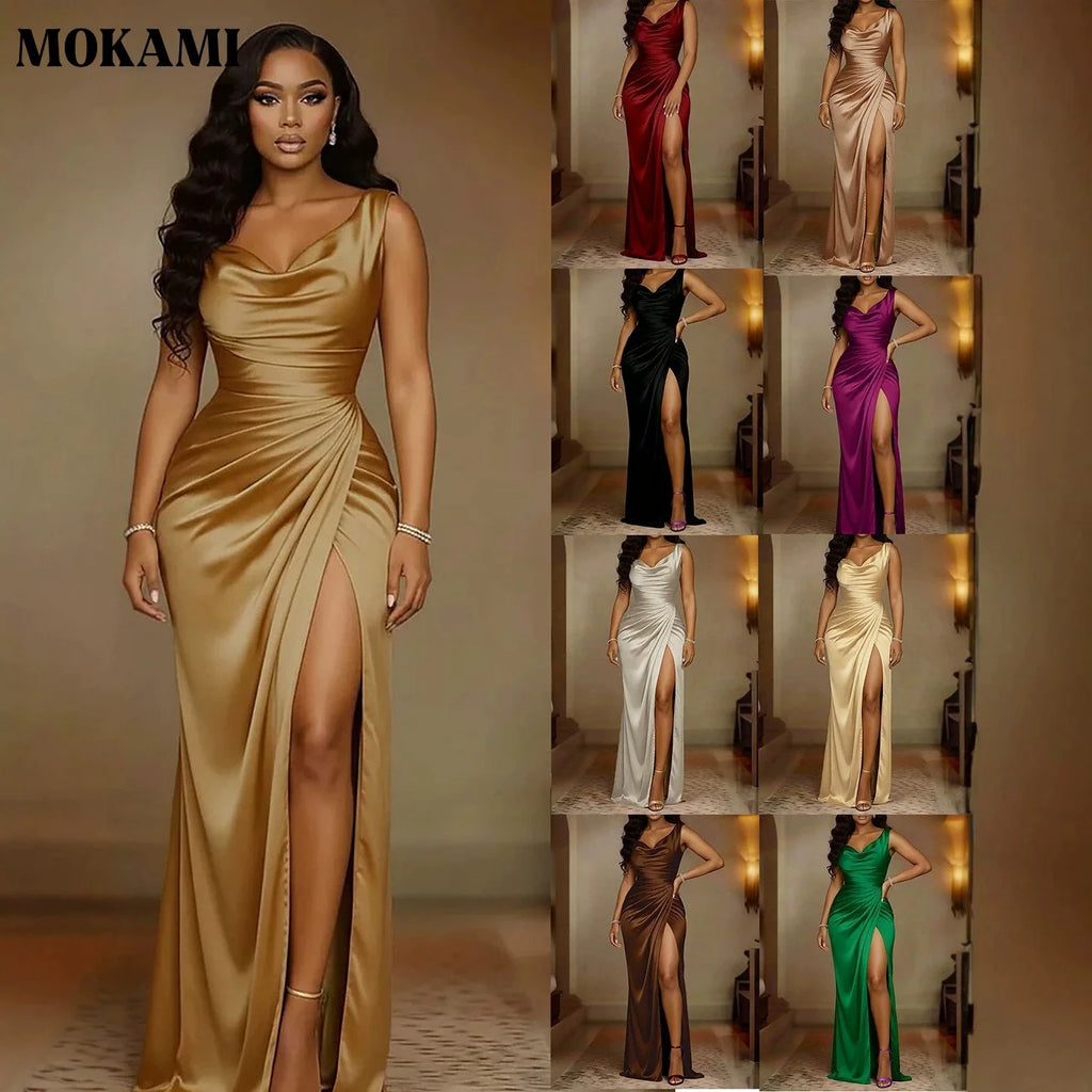 Nouvelle Robe Moulante Unie pour Femme Été 2026, Col en V, Sans Manches, Ourlet Fendu, Élégante pour Soirée, Banquet et Cérémonie
