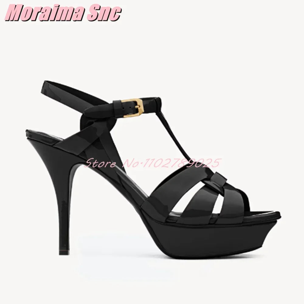 Waeve-Sandales à plateforme en cuir verni pour femmes, bride en T, talon aiguille carré, sangle de rinçage, chaussures provoqué à la mode sexy