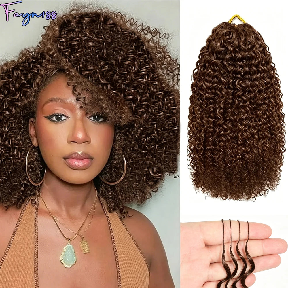Cheveux humains 100% naturels, couleur chocolat brun, bouclés crépus, pour tresses bohèmes, pré-séparés, effet plume, pour tressage au crochet.