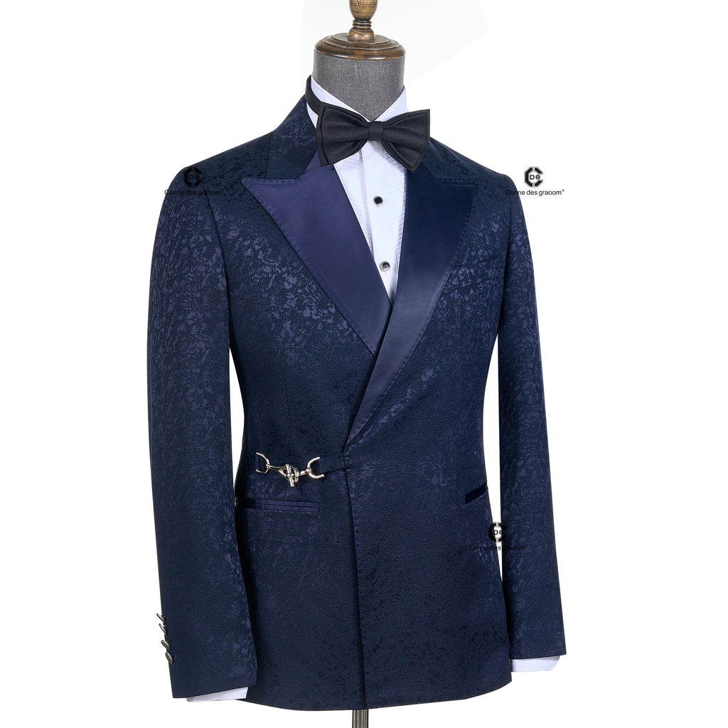 Cenne Des Graoom 2026 – Ensemble 2 pièces de smoking bleu élégant et luxueux en jacquard floral avec boucle latérale métallique pour mariage et cérémonie (garçons d'honneur)