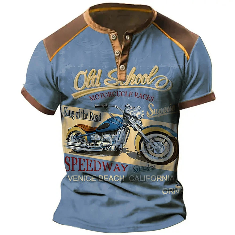 Chemises Henley pour hommes tendance, t-shirts amusants à imprimé 3D de moto, hauts décontractés d'été à manches courtes boutonnées, vêtements de sport pour la conduite en extérieur