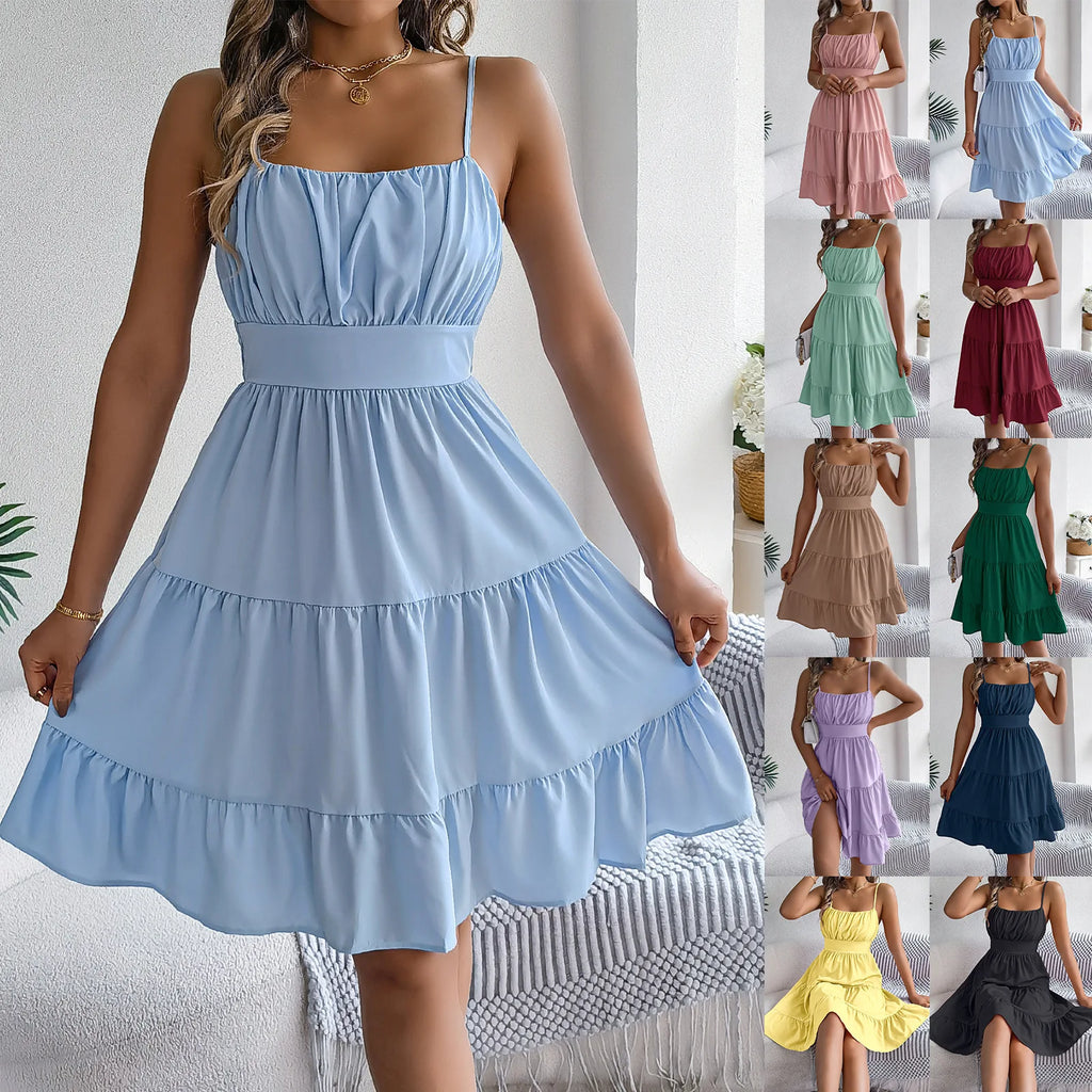 Robe décontractée à volants pour les vacances, collection Printemps-Été 2026, robes unies pour femme, Vêtements pour la Saint-Valentin, Rose et Bleu
