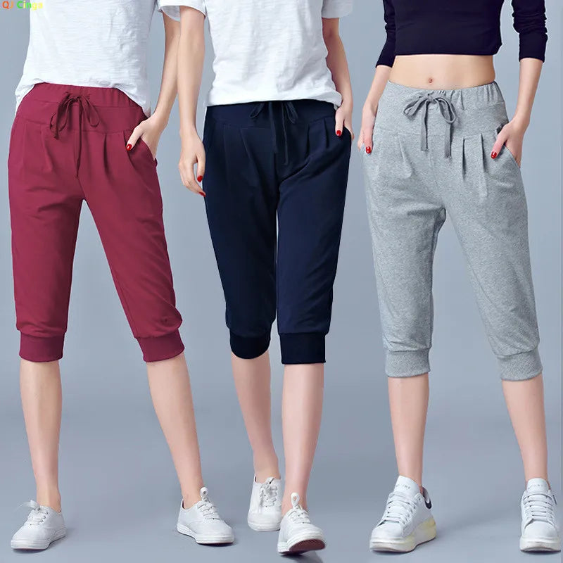 Pantalon court extensible bleu taille haute pour femme, pantalon sarouel athlétique léger gris d'été, short noir à cordon de serrage.