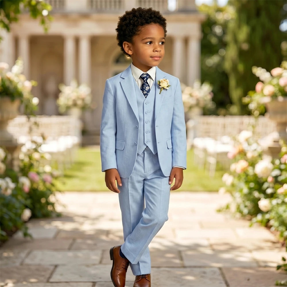 Costume en lin pour garçon, smoking 4 pièces coupe classique pour enfants, veste, gilet, pantalon, cravate, pour communion, performance au piano, ou rôle de porteur d'alliances