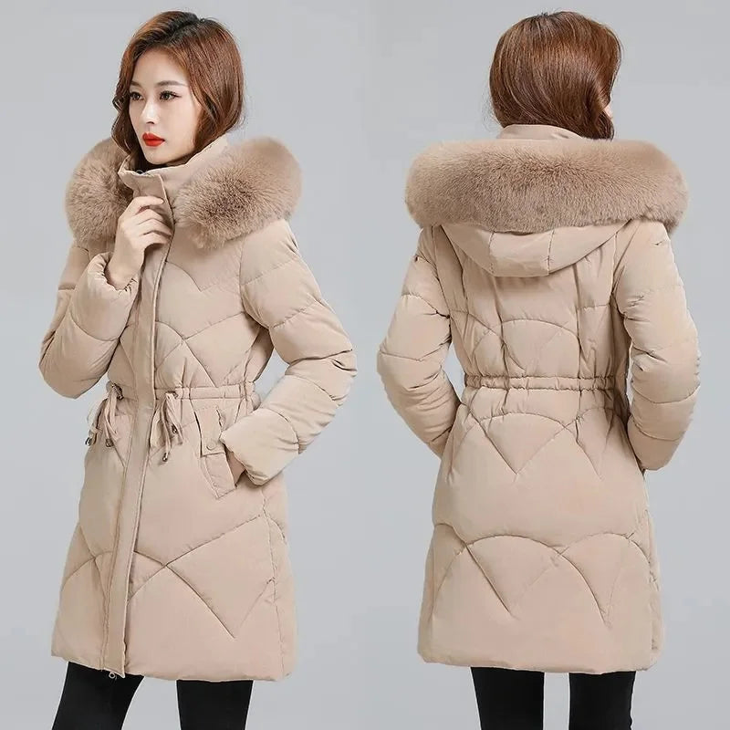 Veste longue en duvet Ctton pour femme avec ceinture, Parka optique blanche, à lacets, mince, haut de gamme, hiver, nouveau, 2023