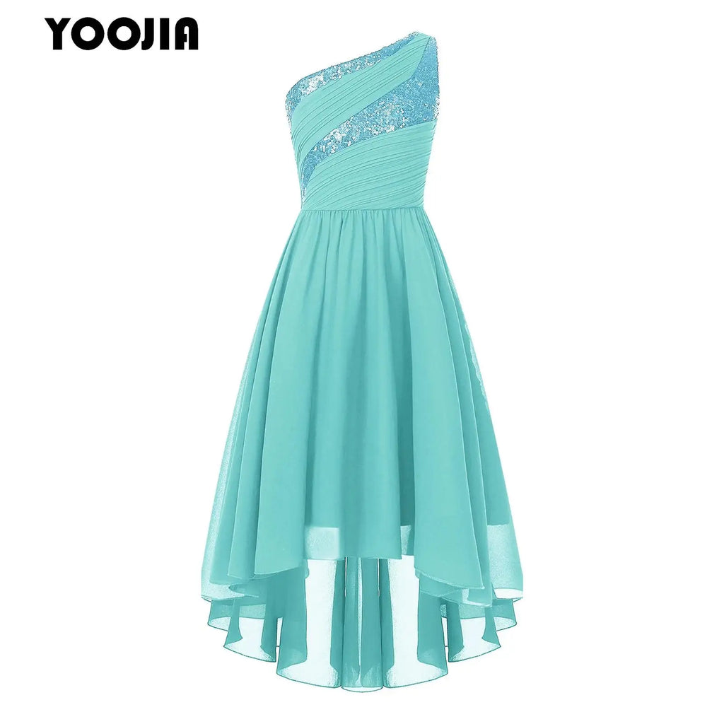 Robe d'été en mousseline de soie pour filles, tenue de princesse à paillettes, asymétrique épaule dénudée, sans manches, robe Maxi de demoiselle d'honneur junior, robes de fête de mariage