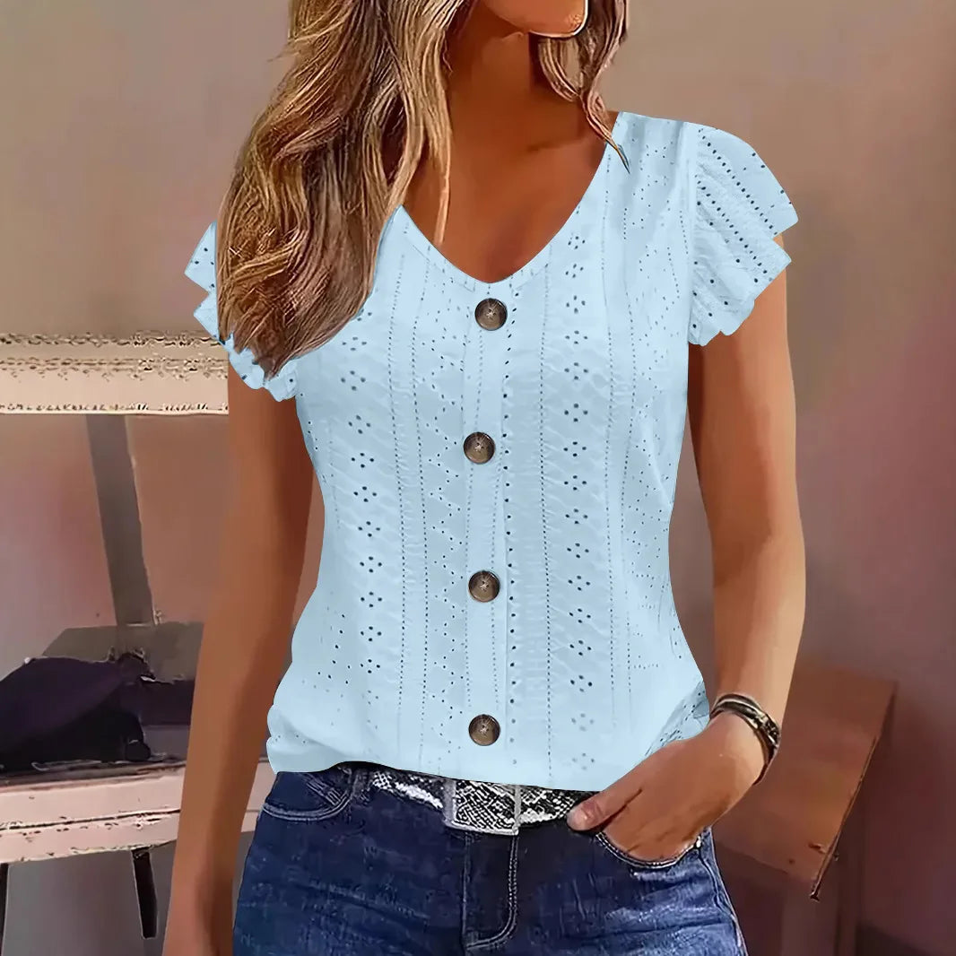 2025 femmes Sexy hauts décontracté couleur unie col en V à manches courtes chemises d'été femmes bouton décontracté dames lâche mode Blouses