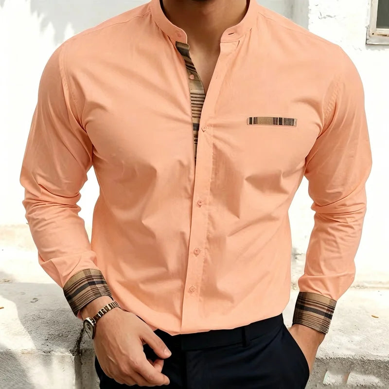 Chemise blanche à col montant pour homme, nouvelle collection, avec coutures à carreaux rétro, texture légère et luxueuse, haut à manches longues style business casual, tailles XS-6XL