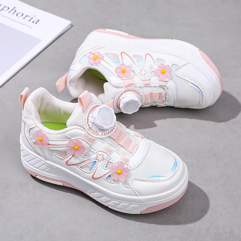 HeelysChildren petite fleur décorée quatre roues patins chaussures de sport respirant patins à roulettes filles chaussures cadeaux de vacances