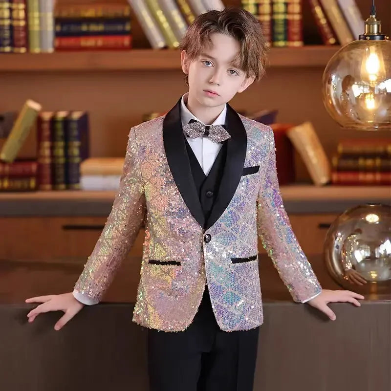 Ensemble de costume à paillettes pour garçons, costume de smoking formel pour mariage, veste, gilet, pantalon, 3 pièces, beau costume à fleurs pour enfant, pour spectacle de piano