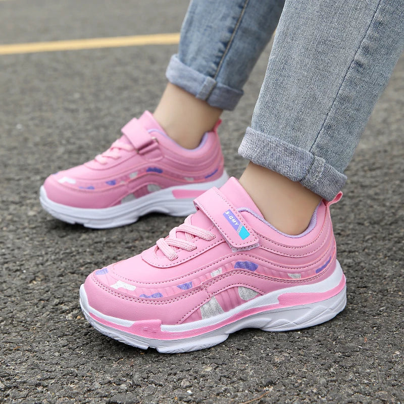 Chaussures de sport imperméables pour filles, baskets décontractées en cuir, roses, respirantes, coordonnantes, légères, à la mode, pour enfants