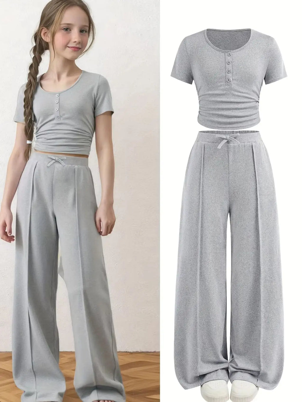 Ensemble décontracté à manches courtes pour filles : tenue d'été pour filles, t-shirt décontracté à col rond de couleur unie avec boutons décoratifs et pantalon ample à jambes droites, ensemble 2 pièces adapté aux