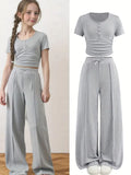 Ensemble décontracté à manches courtes pour filles : tenue d'été pour filles, t-shirt décontracté à col rond de couleur unie avec boutons décoratifs et pantalon ample à jambes droites, ensemble 2 pièces adapté aux