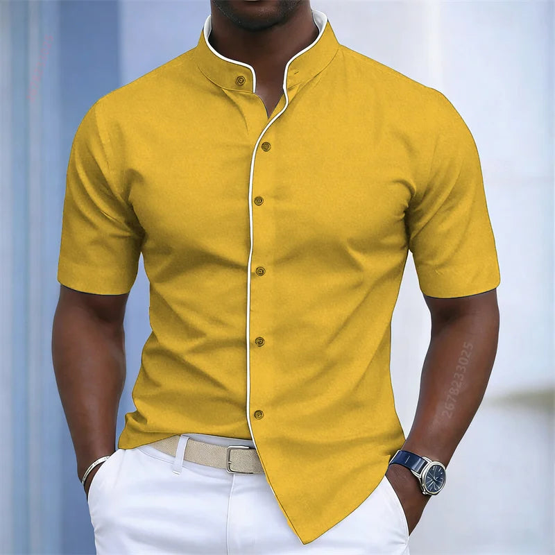 Chemise d'été pour homme à col montant et manches courtes, 20 couleurs, design color block tendance, coupe ajustée, chemise décontractée pour affaires, tailles XS-6XL