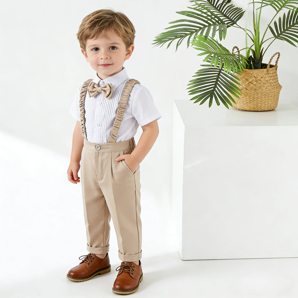 Ensemble de costume en tweed pour bébés garçons, style gentleman, pour mariage, cérémonie ou fête d'anniversaire, avec blazer croisé, pantalon kaki et nœud papillon