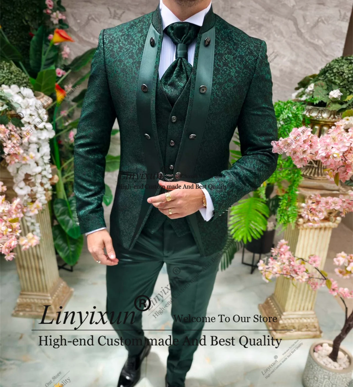 Costumes de Style italien pour hommes, ensemble de 3 pièces, blazer de dîner pour bal de promo, Tuxedos de marié en Jacquard personnalisés, Costume ajusté pour Homme