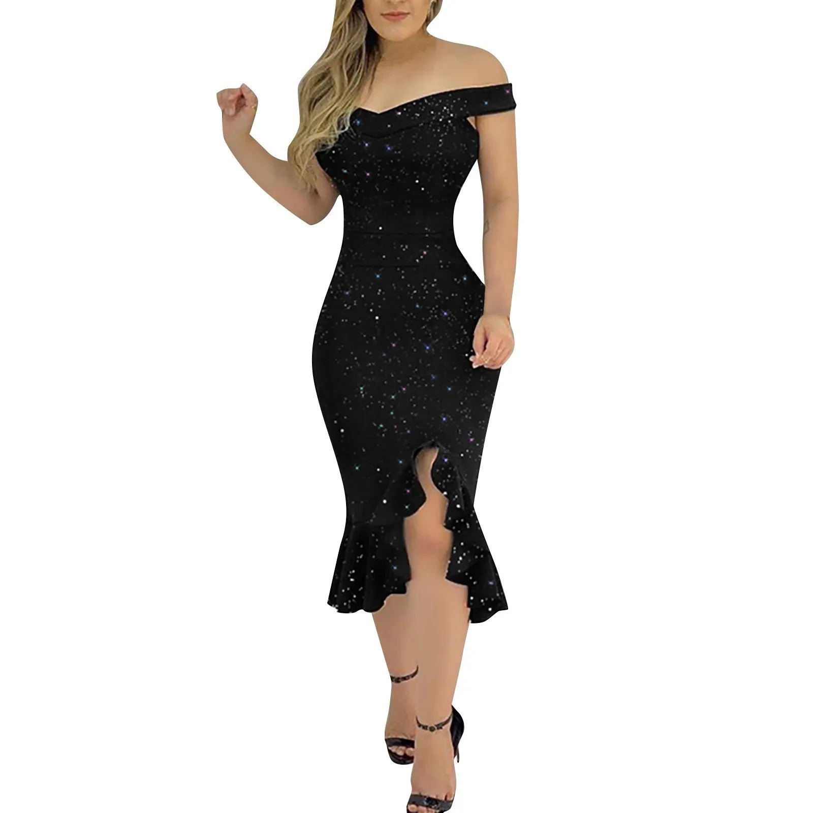 Robe de soirée sexy à volants fendus pour femmes, longueur au genou, paillettes, robes élégantes, mode