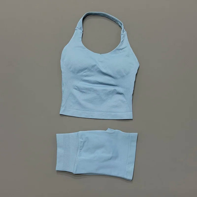 Ensemble de sport 2 pièces pour femme : débardeur long à bretelles rembourré et short de sport sans couture pour le yoga, le fitness et la course à pied