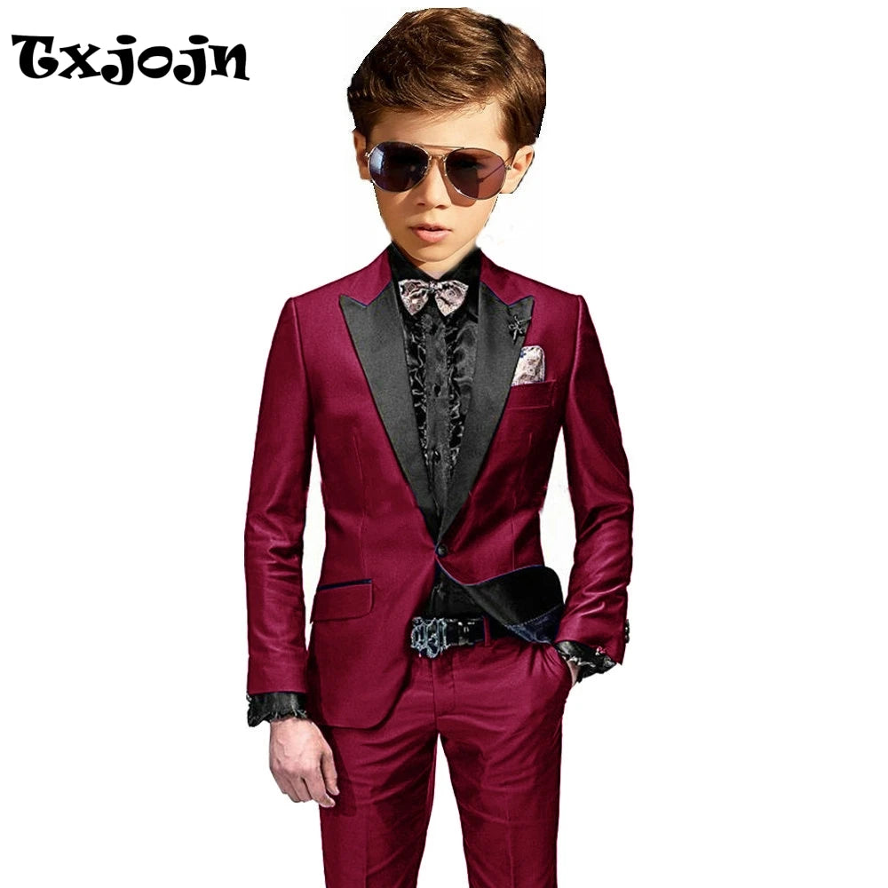 Costume de smoking 2 pièces bordeaux pour garçons, veste et pantalon, tenue de fête formelle, un bouton, revers, ensemble de costume pour enfants, vêtements d'invité de mariage