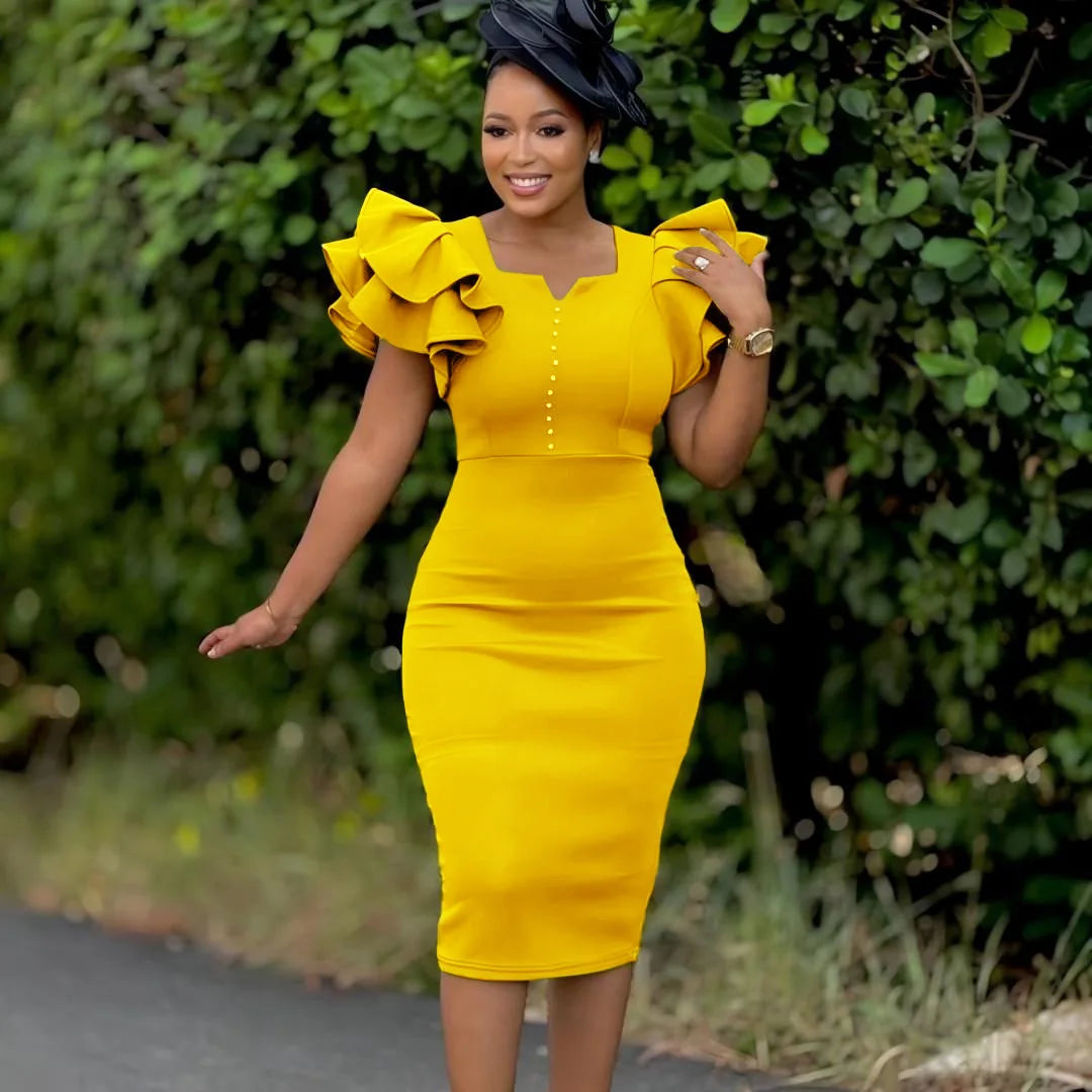 Robe de soirée élégante pour femmes, mode d'été, manches Lotus perlées, enveloppée sur les hanches, Style cascade