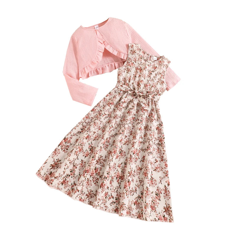 Costumes de vacances décontractés pour enfants, haut orange à manches longues, robe imprimée, vêtements de vacances pour filles, tenues pour enfants