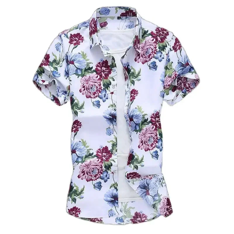 Chemise imprimée pour hommes, chemises de plage à manches courtes col carré simple boutonnage noir violet Camisa taille asiatique M-7XL