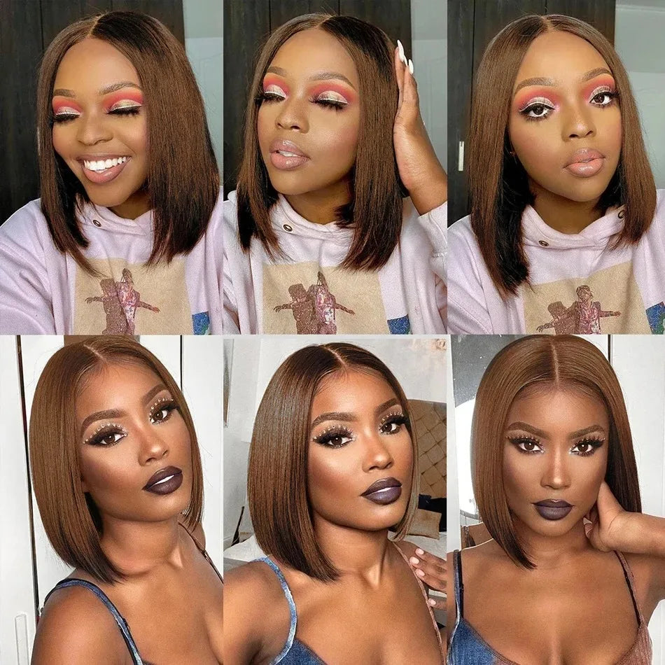 13X4 chocolat brun droite Bob perruque 4X4 soyeux droite HD dentelle frontale perruque naturel délié pré plumé cheveux humains 100% 16 pouces