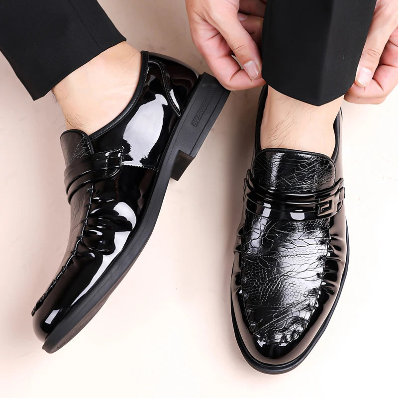 Chaussures habillées marron à motif crocodile pour hommes, mocassins en cuir verni à enfiler, chaussures Oxford formelles pour affaires et mariages