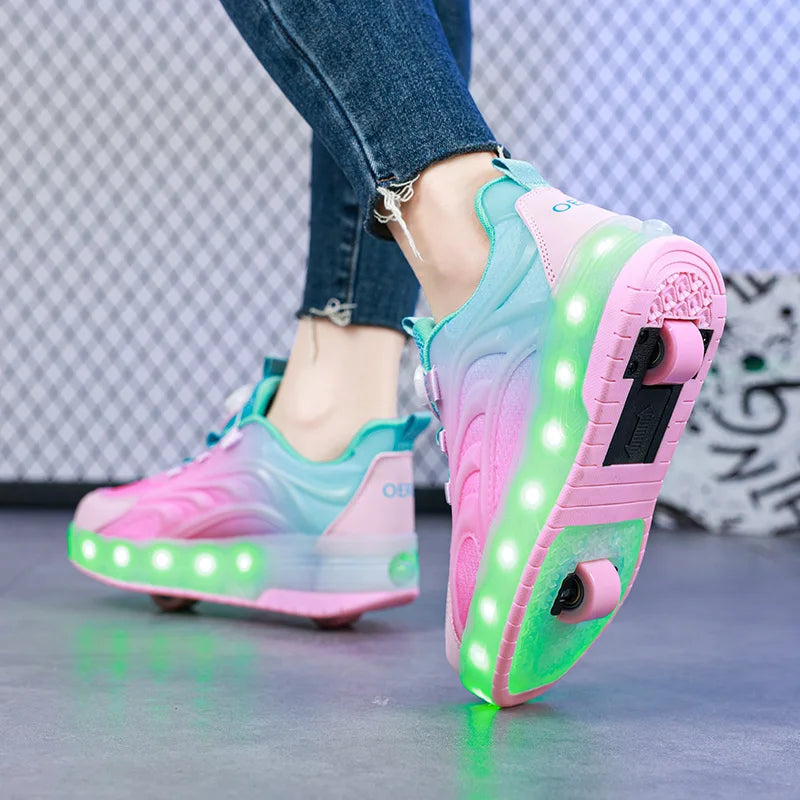 Chaussures de patin à roulettes à deux roues pour enfants, baskets lumineuses de sport lumineuses pour garçons et filles, Skateboard avec chargeur USB