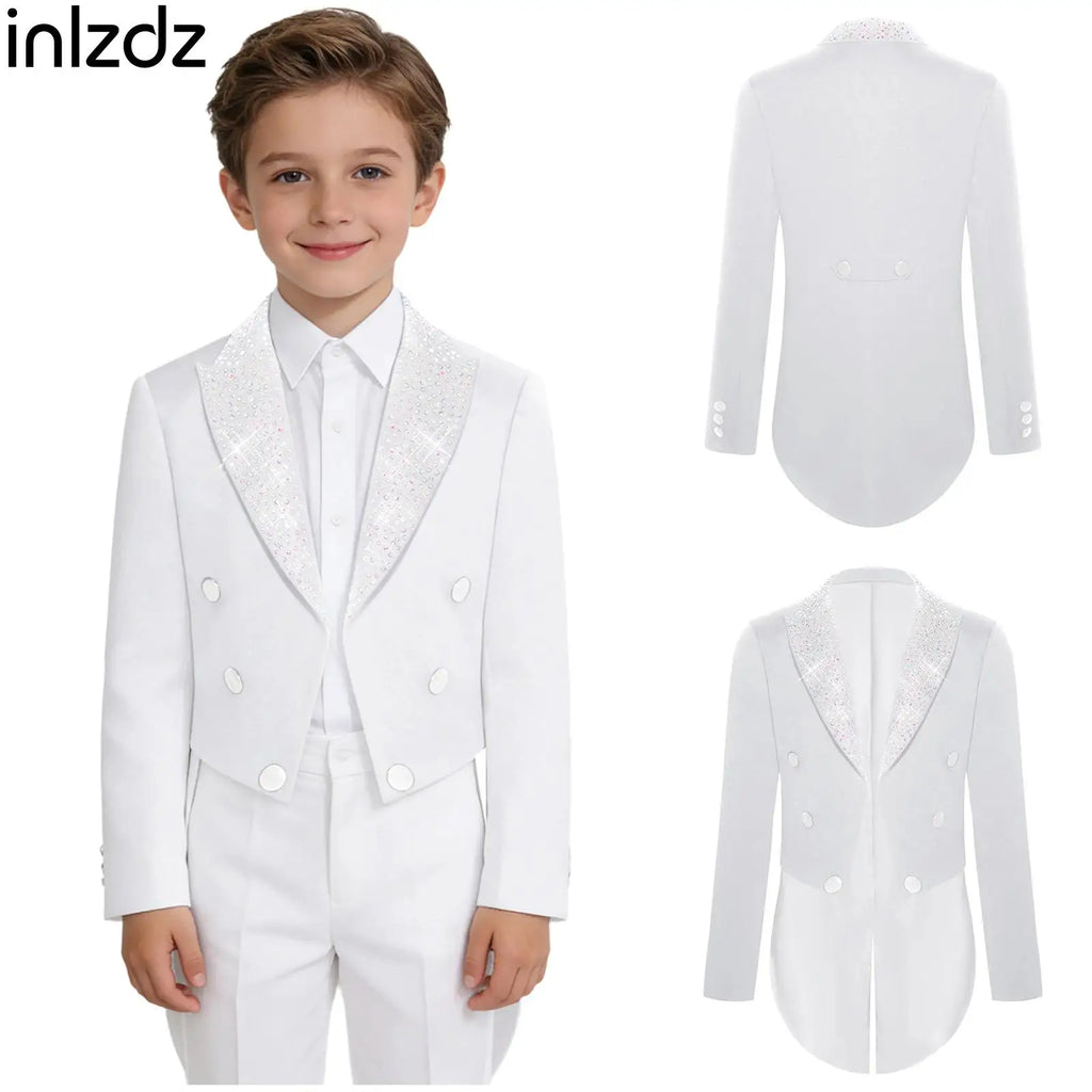 Veste de smoking pour garçons, style gentleman, à revers, ornée de strass, à manches longues, ouverte sur le devant, pour fêtes et mariages