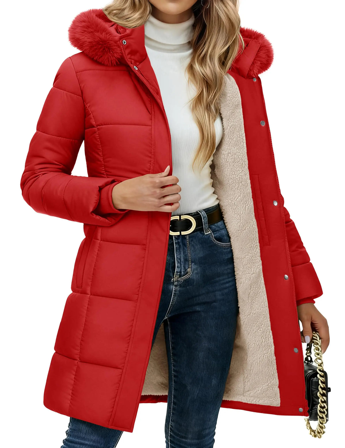 Manteau d'hiver pour femme TACVASEN, doublé en sherpa, coupe-vent, mi-long, matelassé, chaud, avec capuche en fourrure amovible