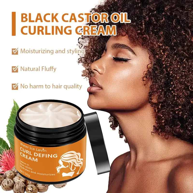 Crème coiffante pour boucles à l'huile de ricin noire 50g - Crème coiffante hydratante pour cheveux normaux, hommes et femmes, avec une formule végétale facile à utiliser et portable