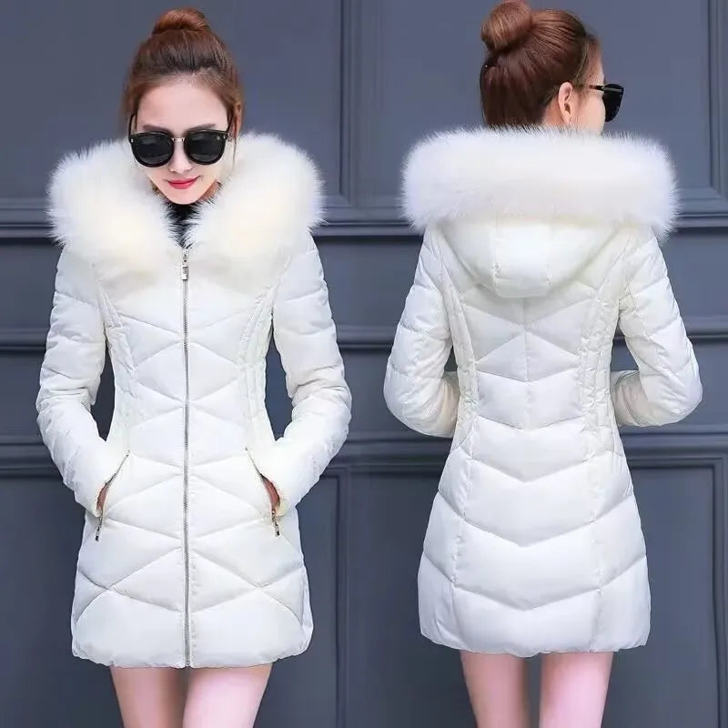 Mode coréenne mince mince longue doudoune en coton hiver chaud épais Parkas coton femmes vêtements d'extérieur de neige grand col de fourrure femme manteau