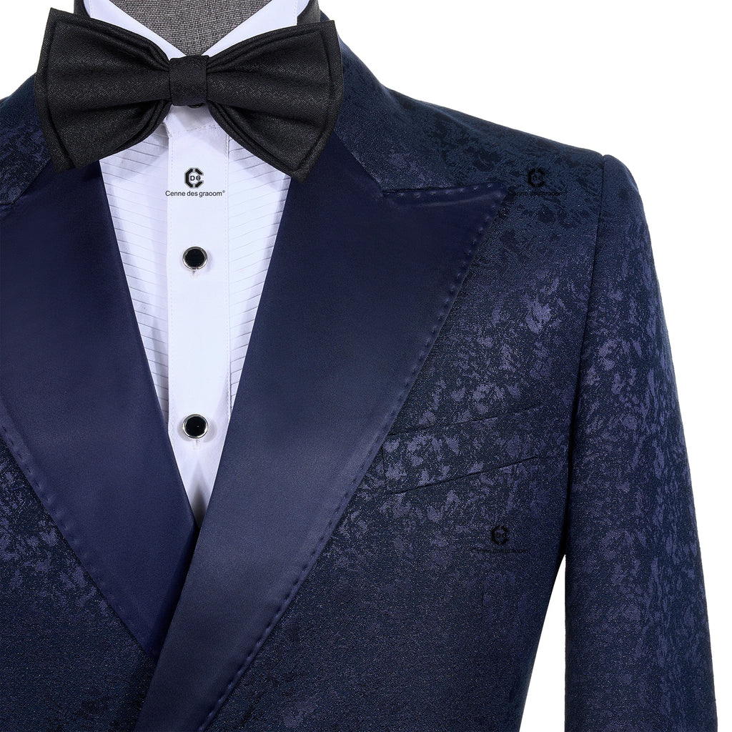 Cenne Des Graoom 2026 – Ensemble 2 pièces de smoking bleu élégant et luxueux en jacquard floral avec boucle latérale métallique pour mariage et cérémonie (garçons d'honneur)